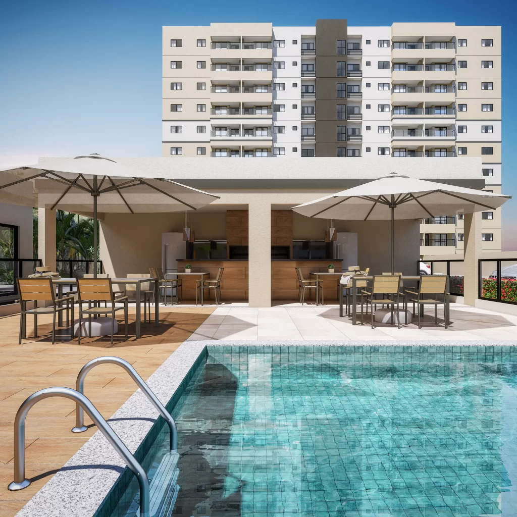 Piscina adulto com raia de 20m e área gourmet equipada com duas churrasqueiras no Stanza Luzia. 