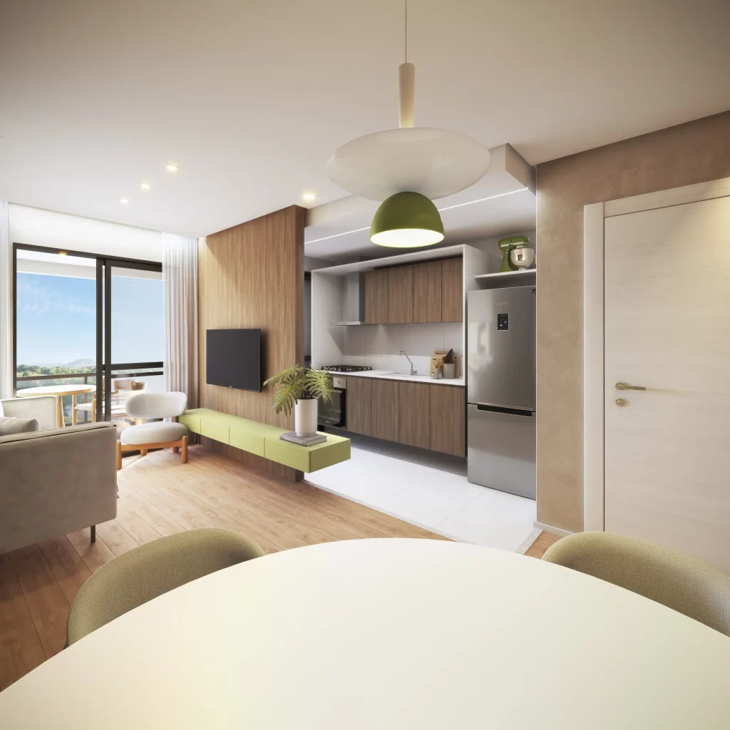 Stanza Luzia: sala integrada à cozinha