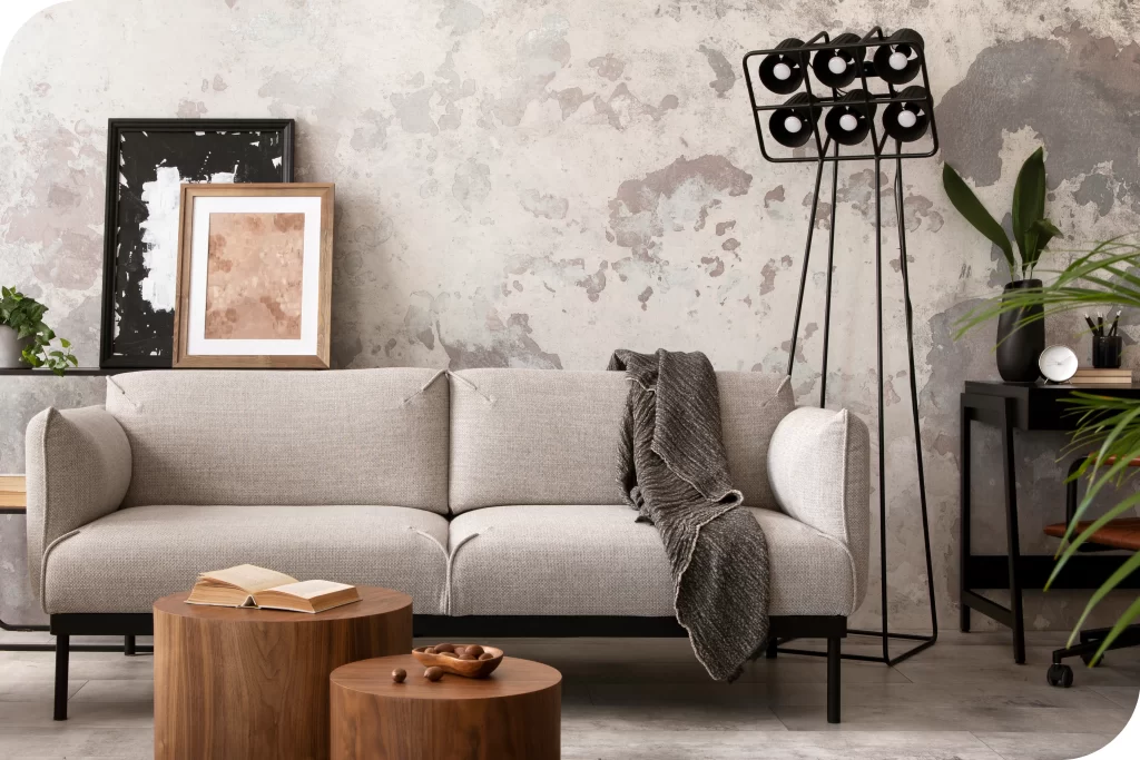 Sala de estar com detalhes rústicos