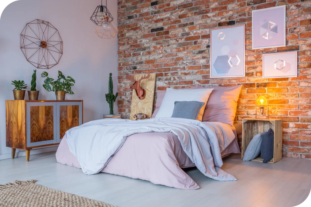 Quarto com estilo industrial e tijolos aparentes
